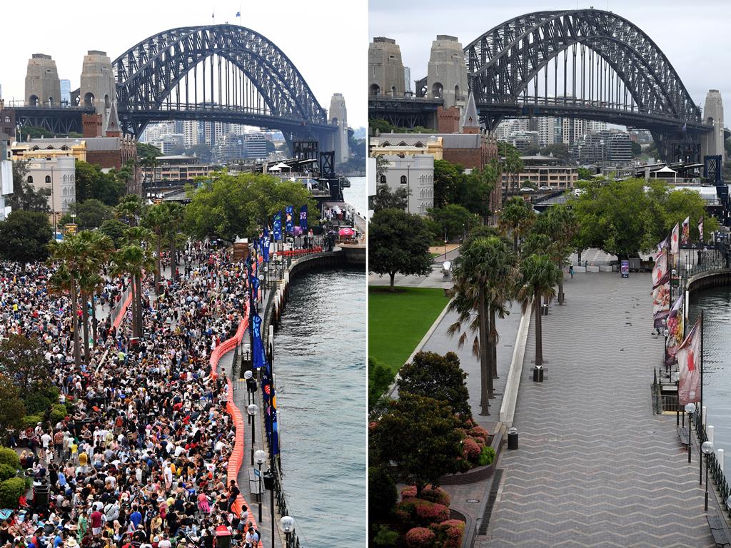 Duas imagens mostram a diferença entre o ano novo de 2019 e 2020, em Sidney, na Austrália. O Governo apelou às pessoas para ficarem em casa na data especial. Foto: Dan Himbrechts/EPA Duas imagens mostram a diferença entre o ano novo de 2019 e 2020, em Sidney, na Austrália. O Governo apelou às pessoas para ficarem em casa na data especial. Foto: Dan Himbrechts/EPA