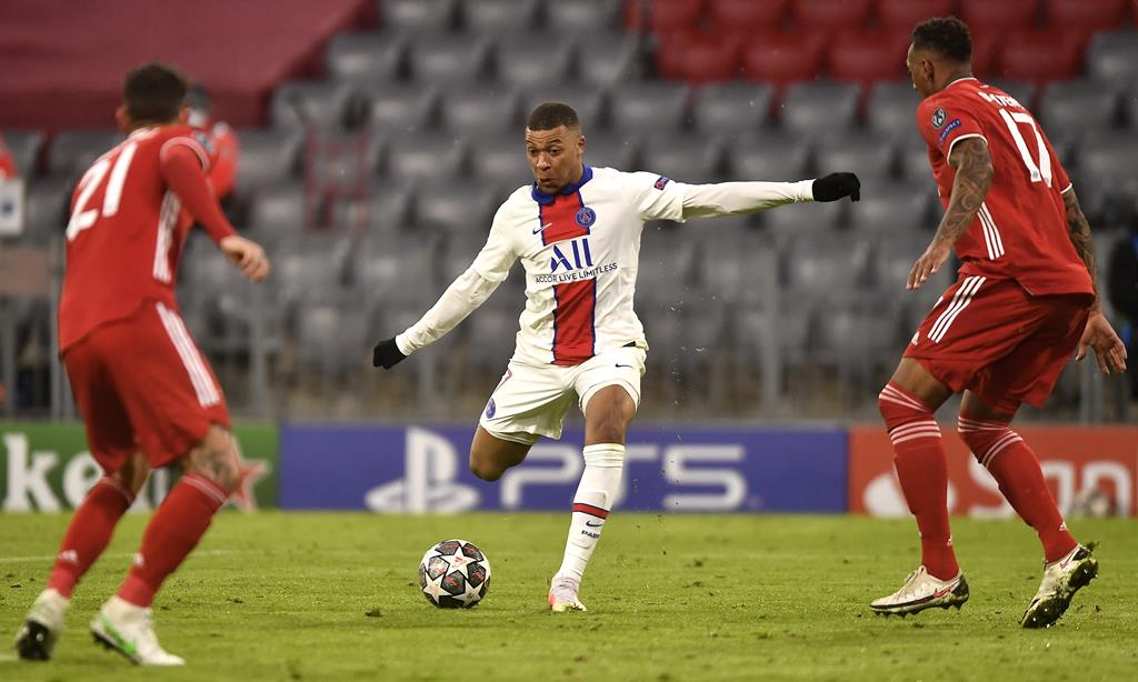 Kylian Mbappe marcou dois dos golos do PSG ao Bayern Munique. Foto: Lukas Barth-tuttas/EPA Kylian Mbappe marcou dois dos golos do PSG ao Bayern Munique. Foto: Lukas Barth-tuttas/EPA