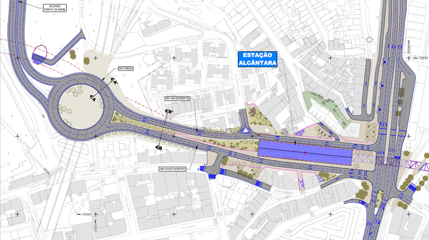Alterações ao acesso à Ponte 25 de Abril em Alcântara. Imagem: Metro de Lisboa