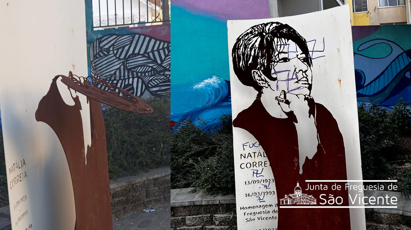 Estátua de Natália Correia vandalizada com símbolos nazis em Lisboa