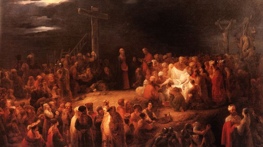 Pintura "Descida da Cruz" exposta para venda na Feira de Arte e Antiguidades de Maastricht