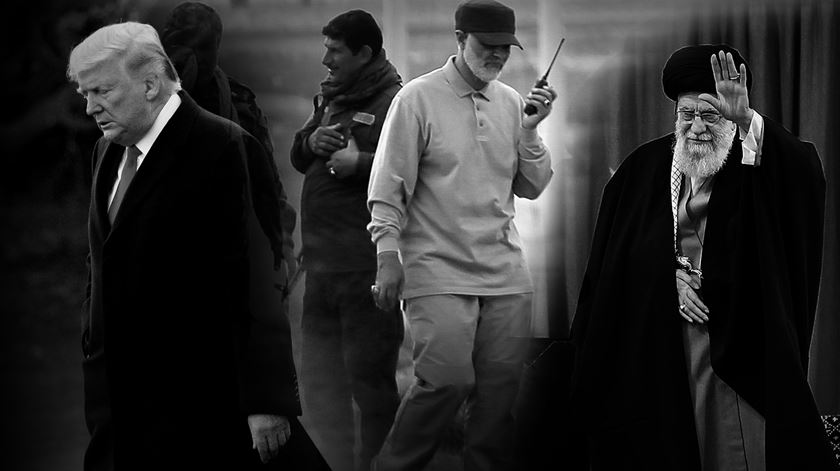 Frame para vídeo sobre o conflito entre os Estados Unidos e o Irão. Trump, Soleimani e Khomeini. Montagem RR Frame para vídeo sobre o conflito entre os Estados Unidos e o Irão. Trump, Soleimani e Khomeini. Montagem RR
