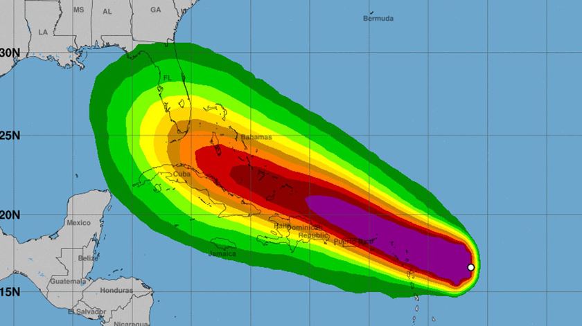 Mapa provisório da velocidade do vento do furacão Irma. Fonte: National Hurricane Center