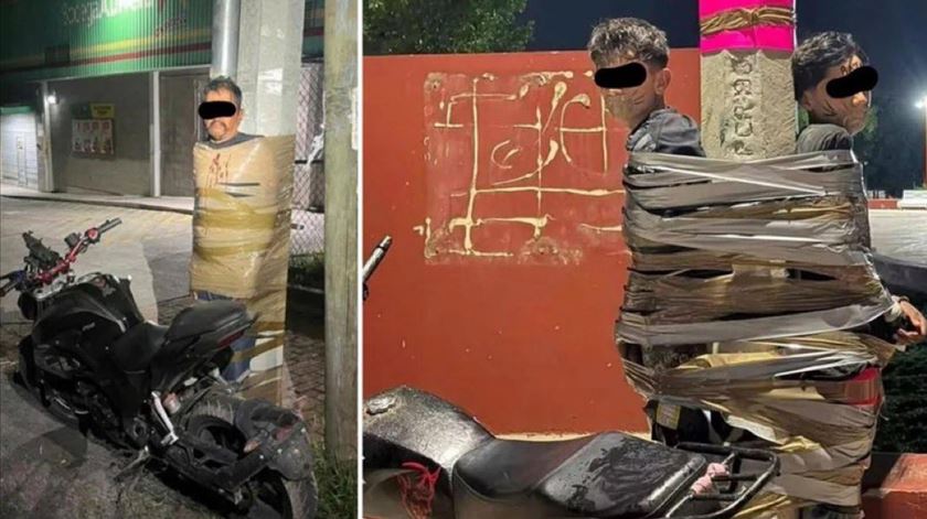 "Batman" amarra alegados ladrões de motas com fita adesiva a postes no México
