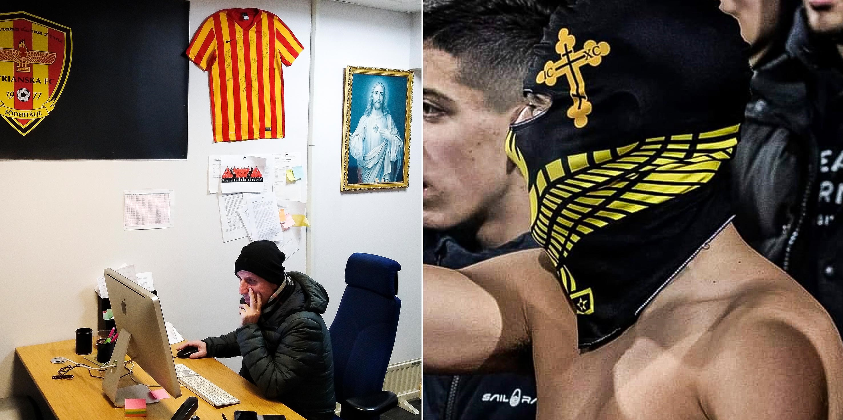 Seja na bancada, seja na sede do Syrianska, a iconografia cristã está sempre presente