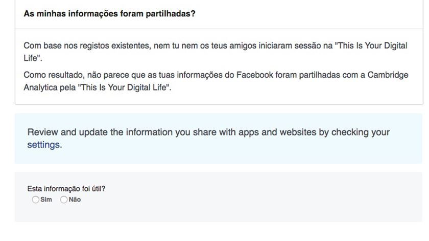Caso os seus dados não tenham sido usados pela Cambridge Analytica, deverá ver uma mensagem como desta imagem. Fonte: Facebook.