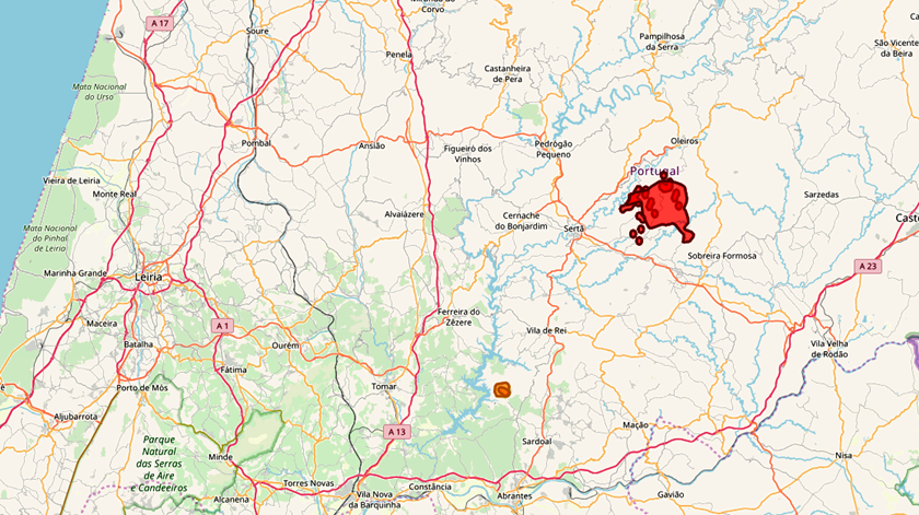 Incêndio em Oleiros, Castelo Branco, já destruiu área equivalente à cidade do Porto. Imagem: EFFIS