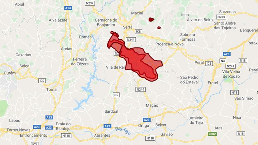 Área ardida nos distritos de Castelo Branco e Santarémm, entre 21 e 22 de Julho de 2019.