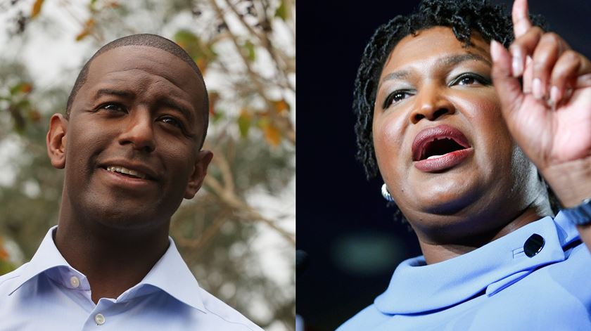 Andrew Gillum, à esquerda, e Stacey Abrams, à direita, podem alcançar ainda resultados históricos para a comunidade afro-americana. Fotos: EPA