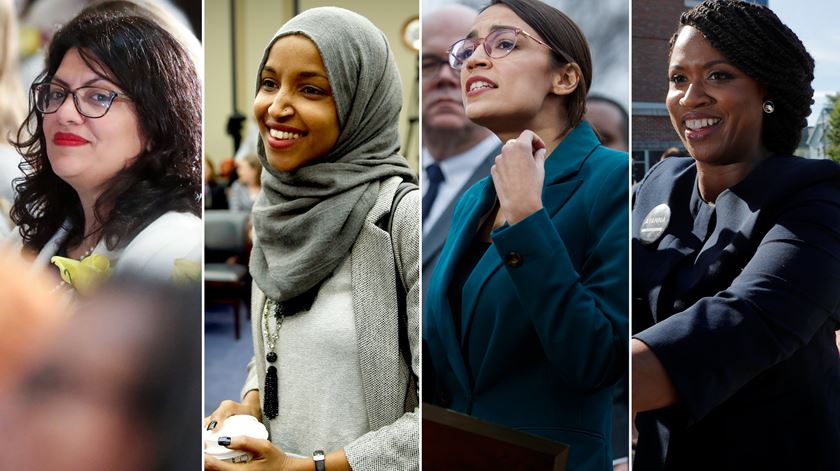 Ilhan Omar, Ayanna Pressley, Rashida Tlaib e Alexandria Ocasio Cortez, congressistas norte-americanas. Foto: Reuters