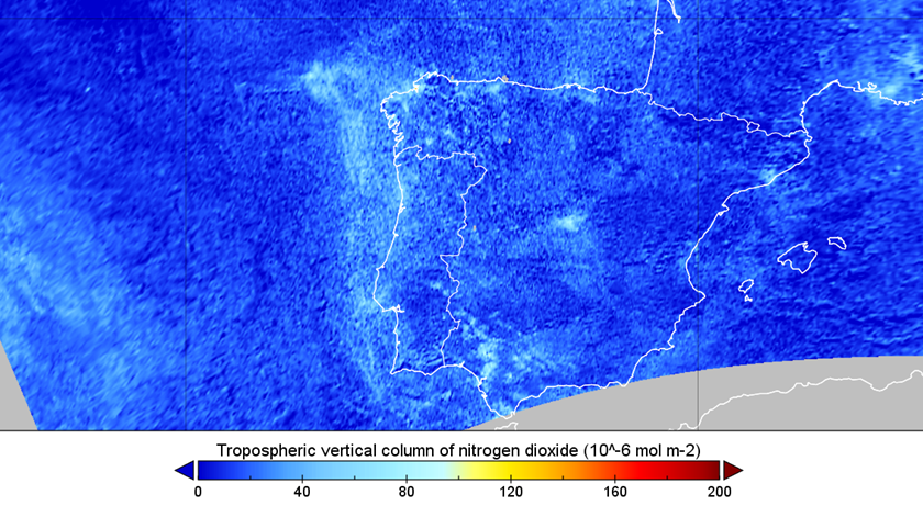 Imagem captada no dia 28 de março revelam uma clara diminuição da emissão de dióxido de nitrogénio no país. Foto: AIR Centre