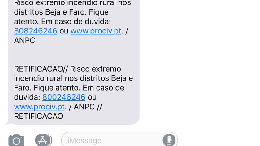 SMS da Protecção Civil para risco de incêndio 