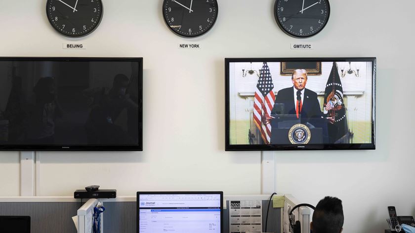 Como os restantes líderes das nações unidas, Trump discursou remotamente para a assembleia geral da ONU. Foto: Justin Lane/EPA