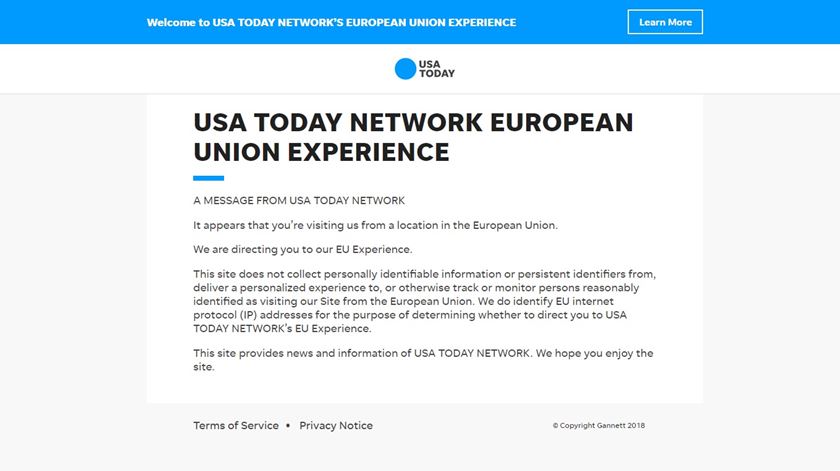 USA Today aviso leitores europeus Lei Proteção de Dados UE